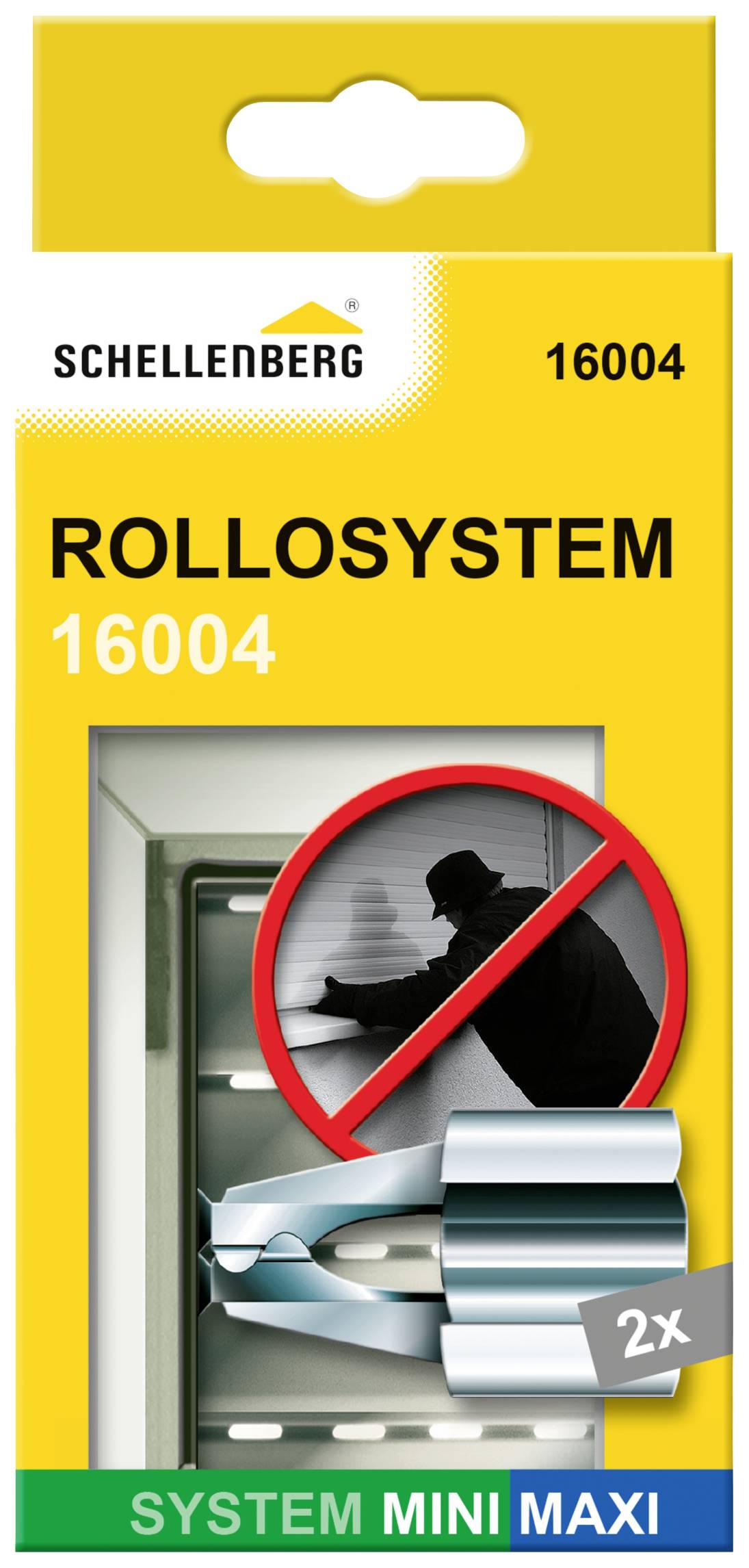 'ROLLSYSTEM 16004' Emballage med billede af en person, der rækker ud efter rullegardiner med et rødt forbudssymbol. Indeholder 2 dele.