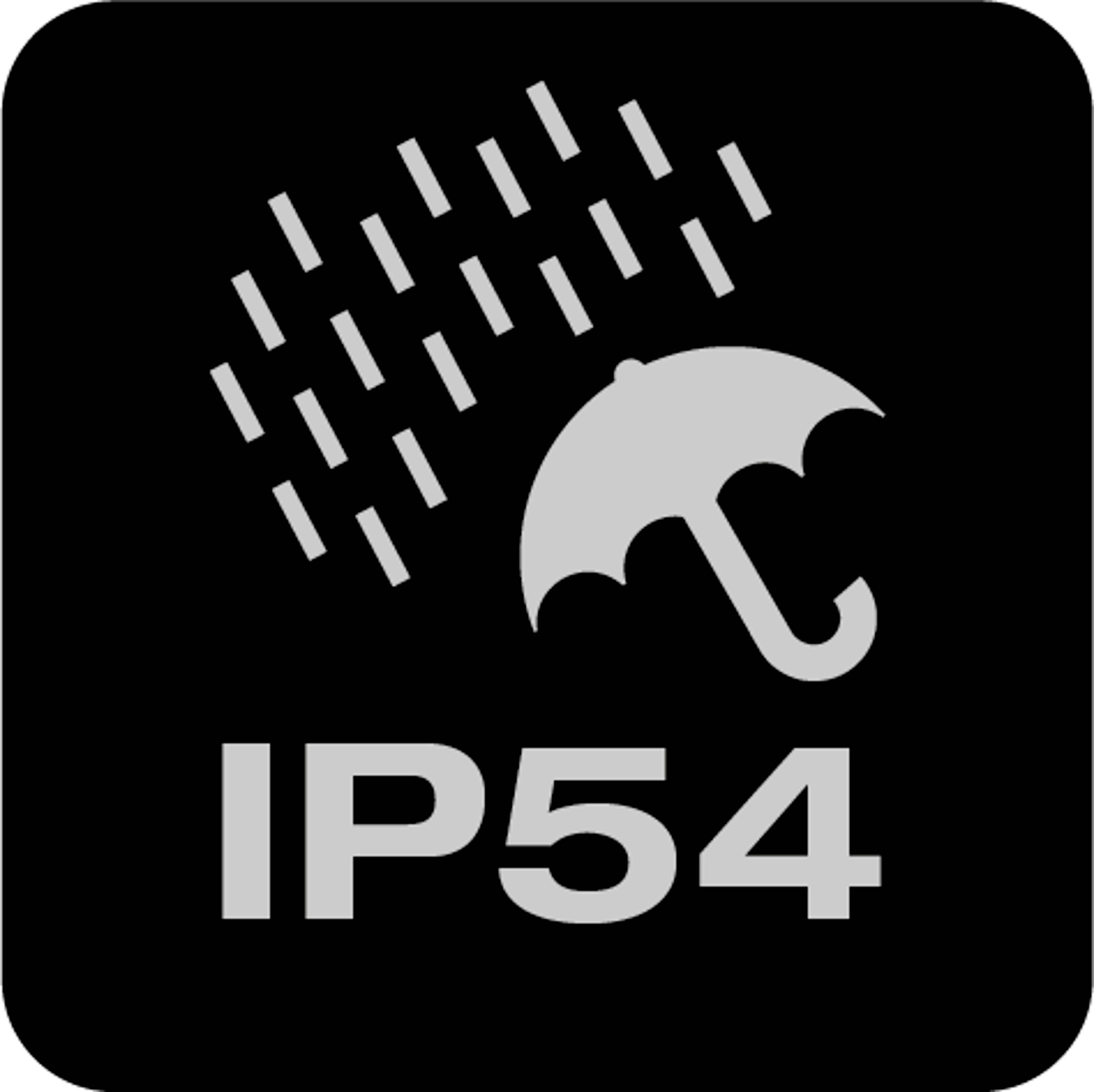 Piktogram af en paraply og regndråber med påskriften 'IP54', hvilket indikerer beskyttelse mod støv og vandstænk.