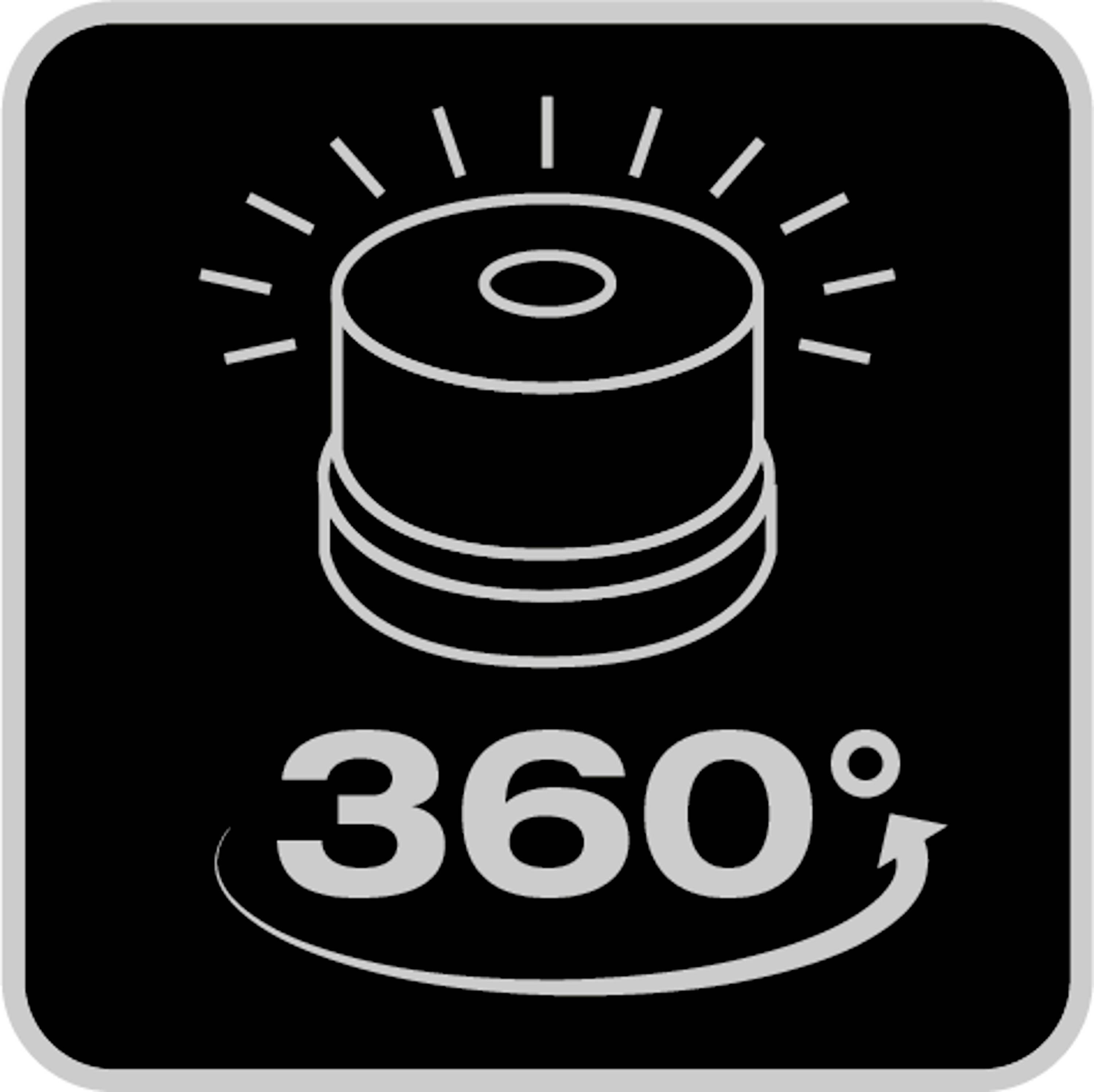 Sort-hvidt symbol viser et kamera med en pil og '360°' nedenunder, hvilket indikerer en rundvisningsfunktion.