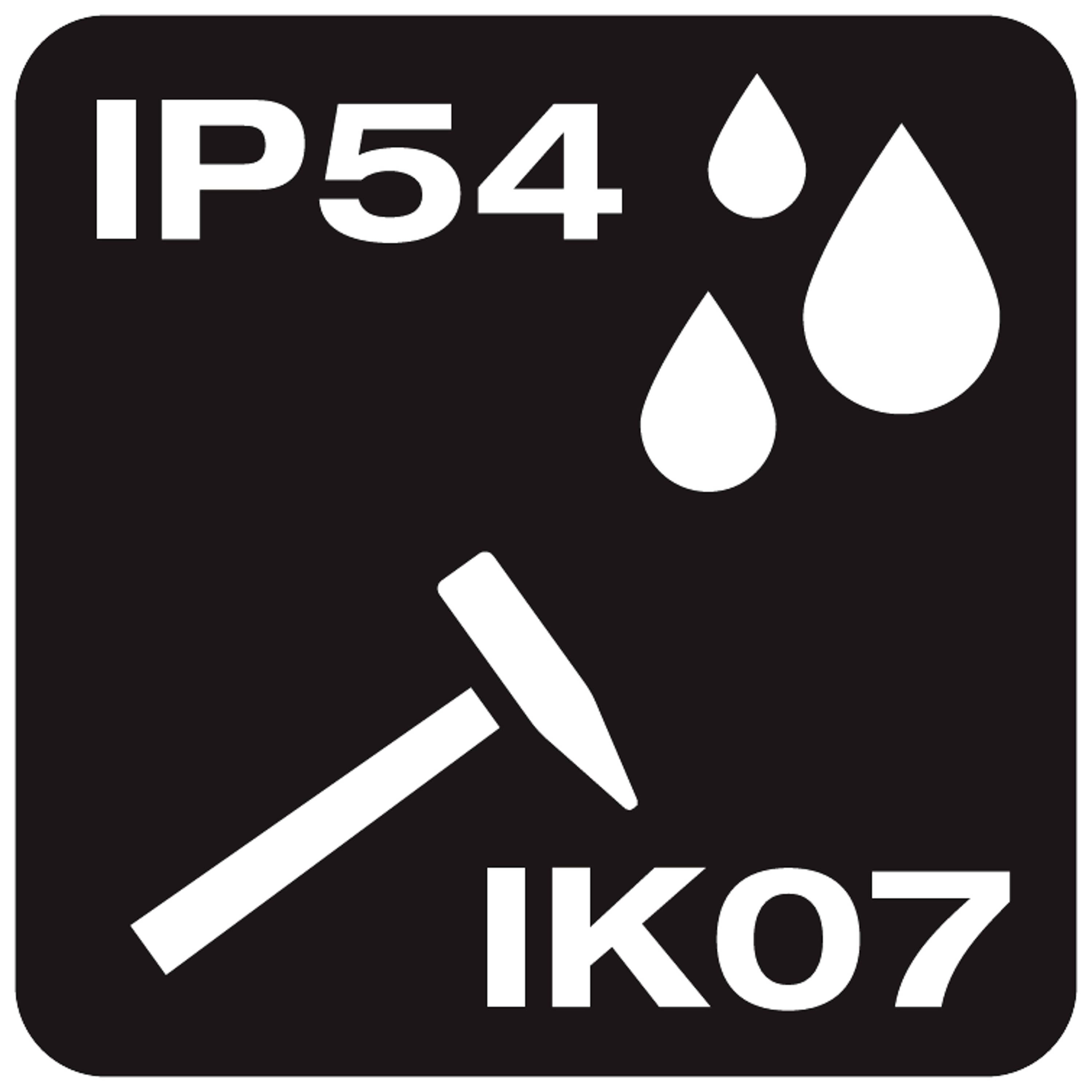 Sort symbol viser 'IP54' og 'IK07'. Det symboliserer beskyttelse mod støv og vandstænk samt stødmodstandsdygtighed.