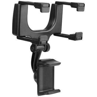 Smartphone-holder i sort plast, justerbar og egnet til montering på et bord eller skrivebord.