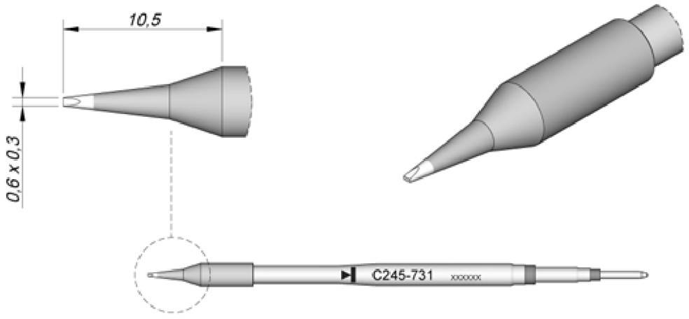 Teknisk tegning af lodespidsansats med følgende mål: Længde 10,5 mm, spids 0,6 x 0,3 mm. Modelnummer C245-731.