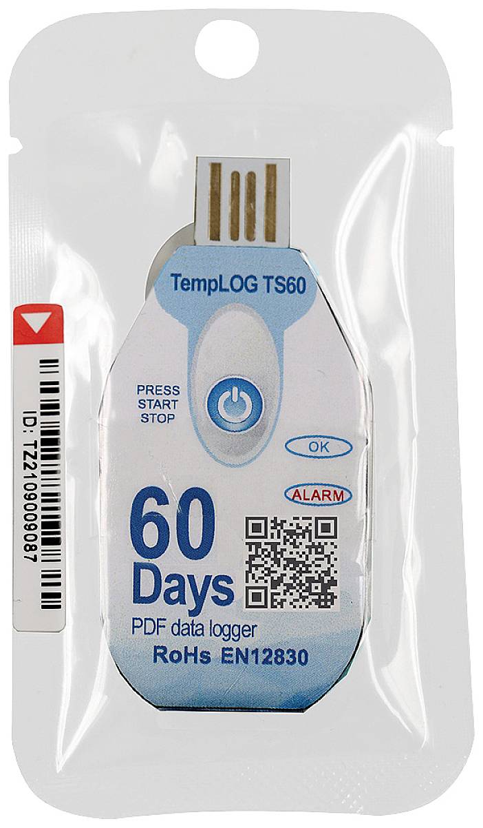 En Temp-Logger TS60 til temperaturovervågning i op til 60 dage, viser en start/stop-knap og QR-kode. Egnet til PDF-dataregistrering.