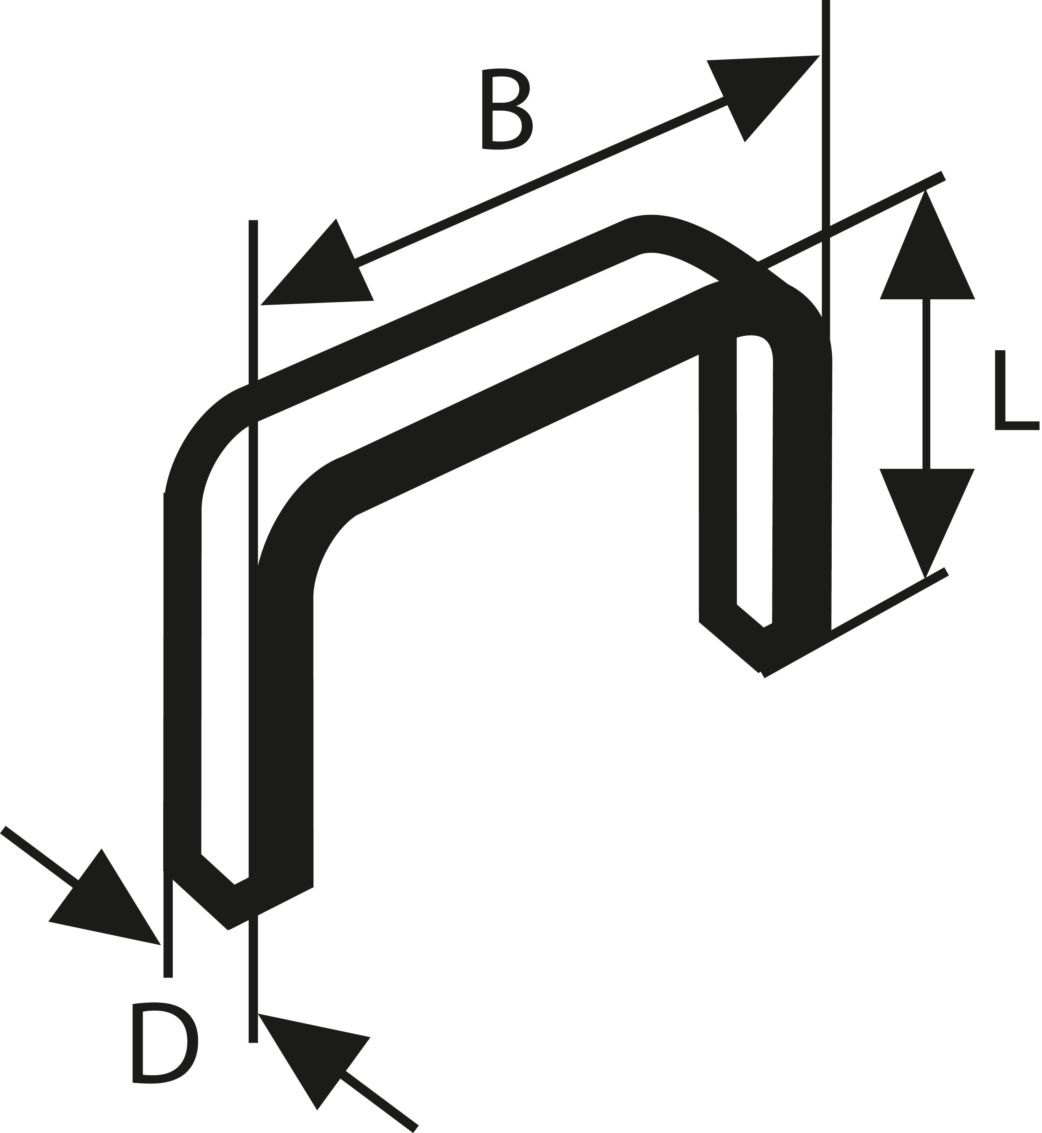 En teknisk tegning af en U-formet beslag med markerede dimensioner: B for bredde, L for længde, D for dybde.