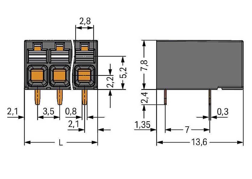 Teknisk tegning af et stik med mål i millimeter. Viser front- og sidevisning med dimensioner og tilslutningsstik.