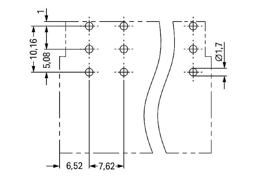 Teknisk tegning af et perforeret ark med hulafstande på 5,08 mm og 10,16 mm, samt samlede afstande på 6,52 mm og 7,62 mm.