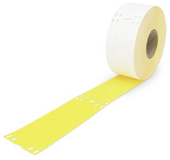 En rulle gule etiketter med perforerede hvide skillelinjer, klar til at rive af og påføre individuelle tekster.