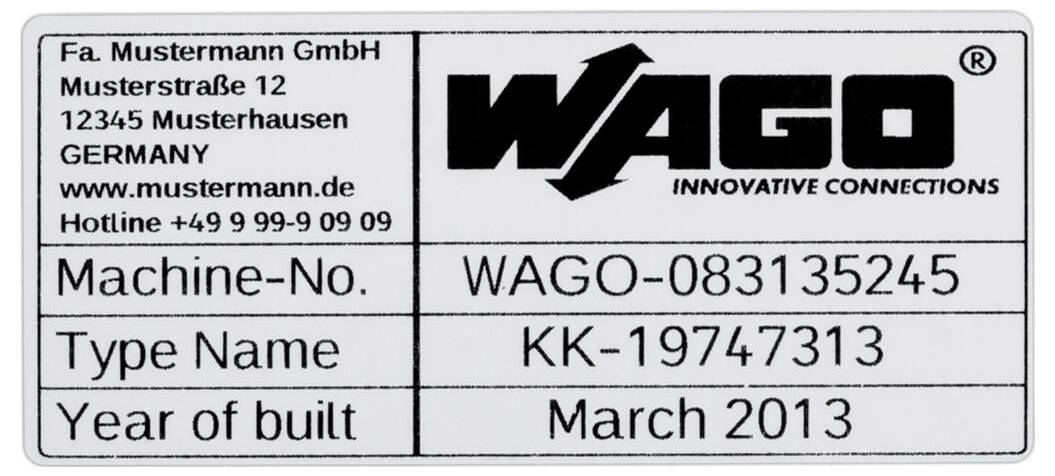 Etiketten viser kontaktoplysninger for firmaet Mustermann GmbH og detaljer om en enhed: Maskinnr. 'WAGO-083135245', Type 'KK-19747313', Fremstillingsår 'Marts 2013'.