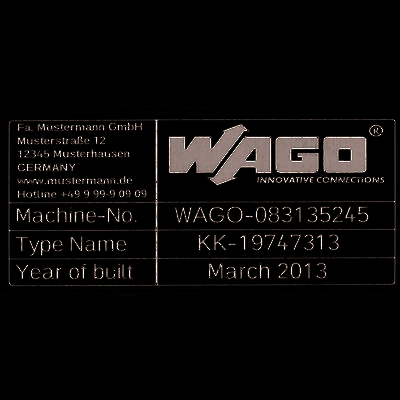 Maskinskilt med firmaoplysninger 'WAGO', maskinnummer 'WAGO-083135245', typebetegnelse 'KK-19747313', produktionsår 'Marts 2013'.