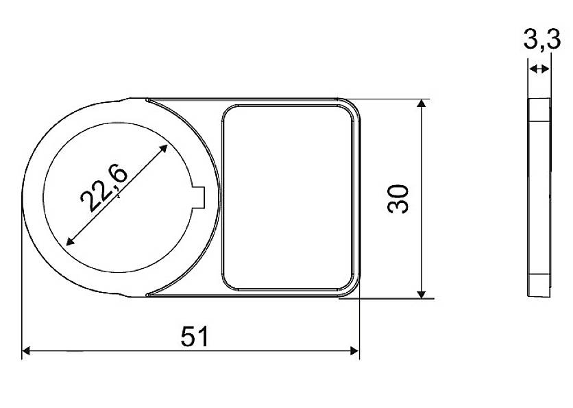 Teknisk tegning af et rektangulært objekt med en udsavet cirkulær del. Mål: 51 x 30 mm og tykkelse 3,3 mm. Cirkeldiameter 22,6 mm.