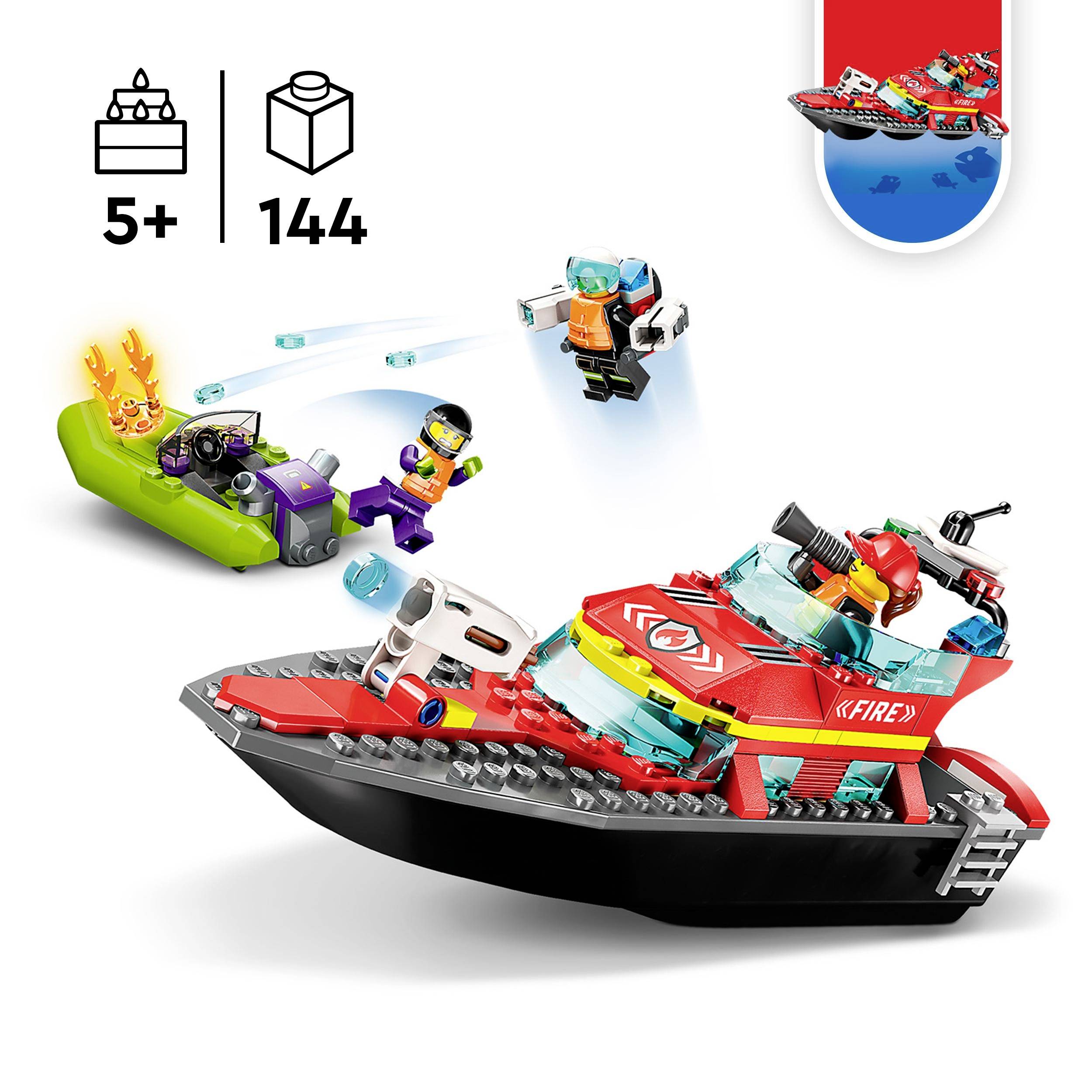 Legetøjssæt: Rødt redningsmotorbåd med brandbådstema, to minifigurer i actionscene, egnet fra 5 år, 144 dele.