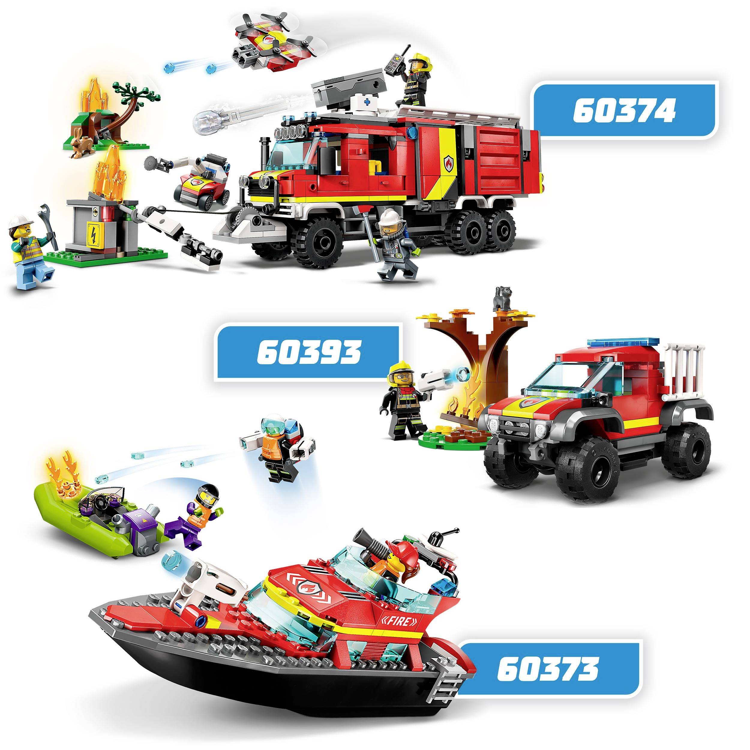 LEGO-brandslukningsæt med brandbil, redningsbåd og ATV. Figurer slukker brand og bruger udstyr. Sæt-numre: 60374, 60393, 60373.