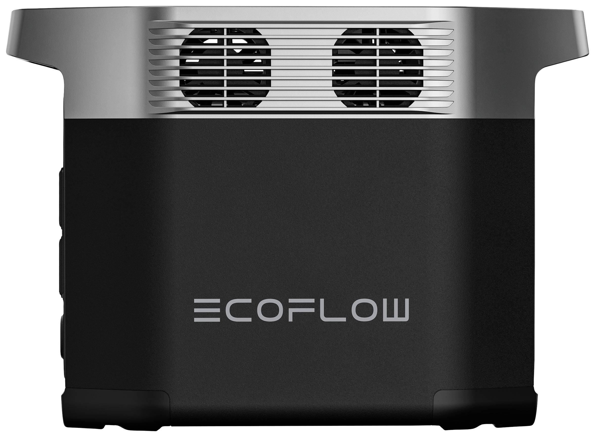 Bærbar strømgenerator i sort kabinet med påskriften 'ECOFLOW', to synlige ventilationsåbninger øverst.