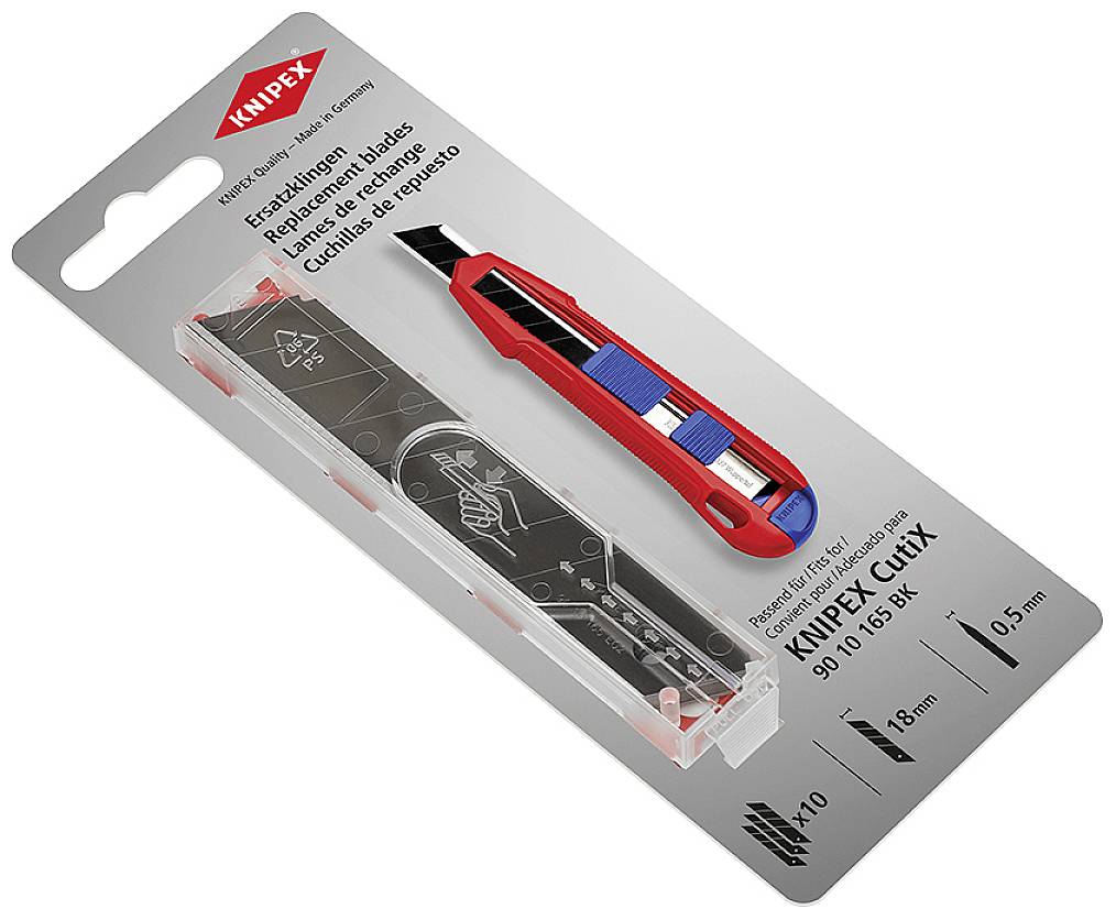 Emballage til en KNIPEX Cutix med rød cutter og reserveblade. Tekster på tysk, engelsk, fransk og spansk. Indeholder 10 reserveblade.