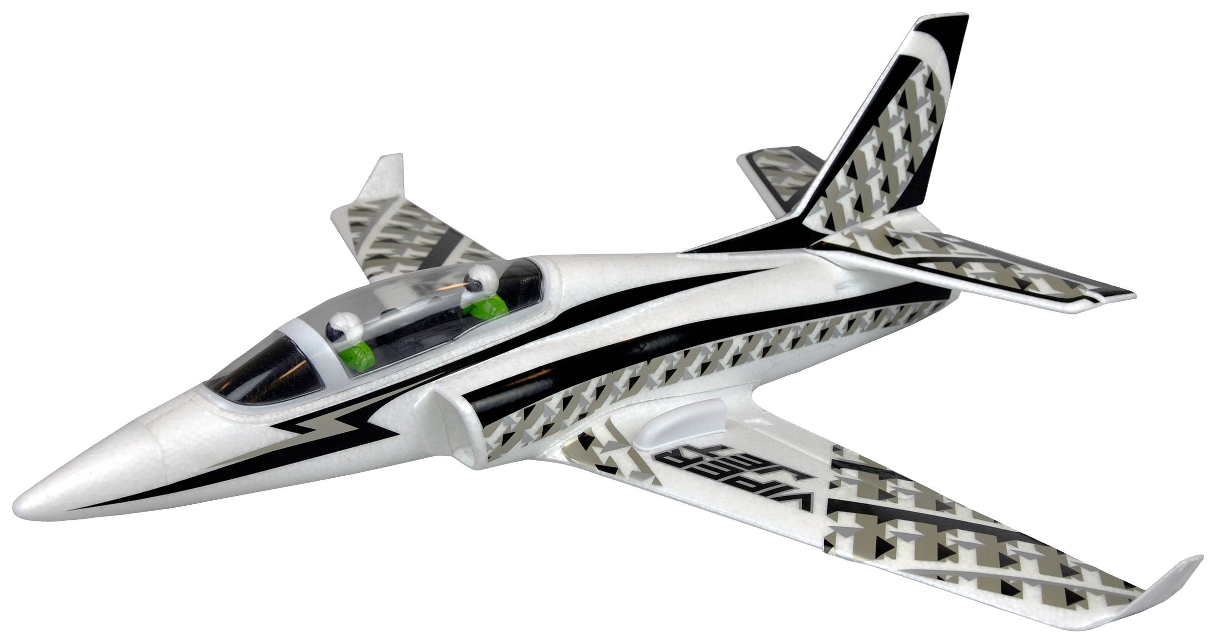 En modelflyvemaskine i sort og hvid med grafiske mønstre på vingerne og teksten 'Viper' på skroget.