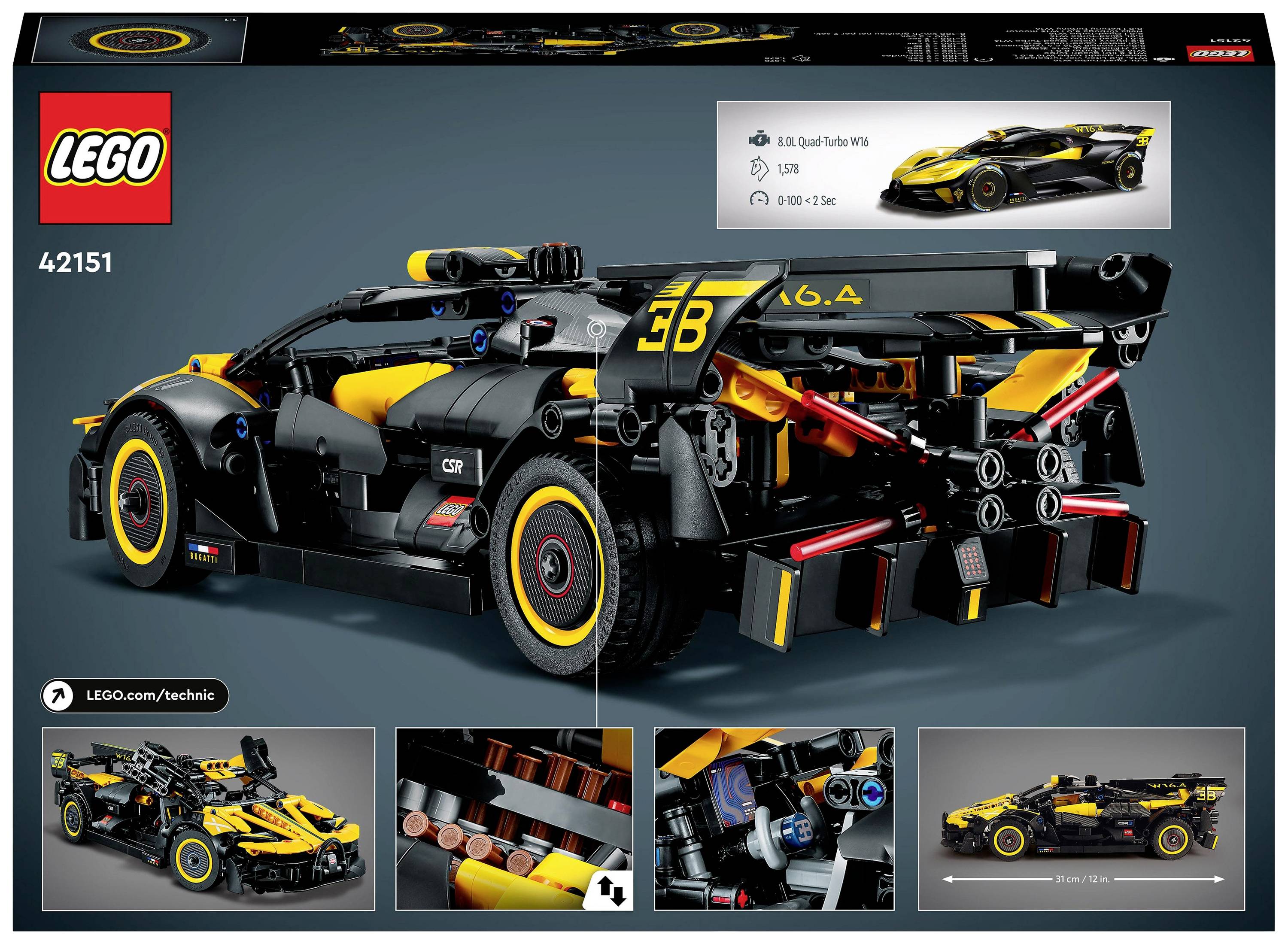 LEGO Technic-sæt 42151, sort og gul racerbil med mærkater, vist samlet med detaljer og funktioner.