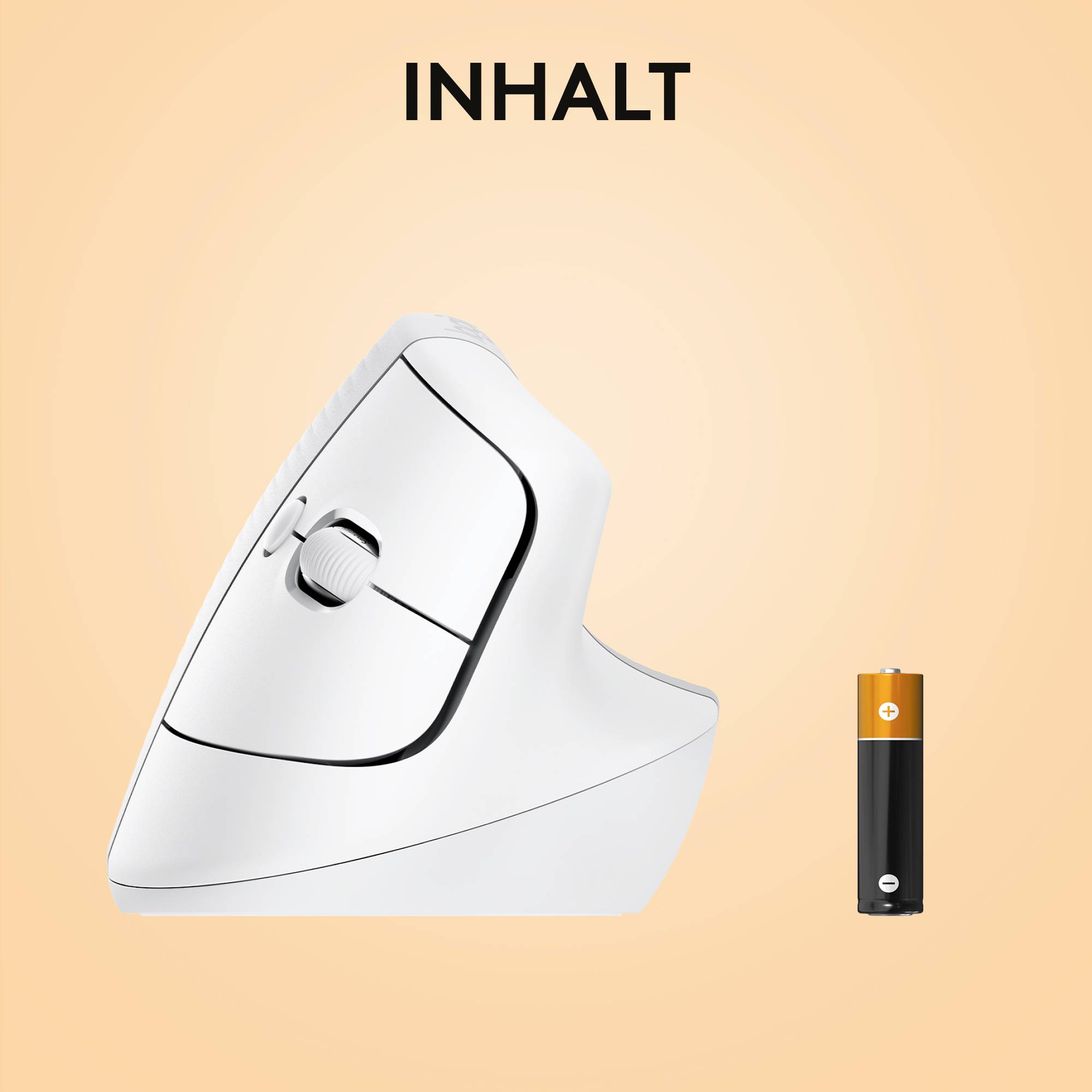 En lodret, ergonomisk computermuse placeret ved siden af et batteri foran en lys baggrund med teksten 'INDHOLD' øverst.