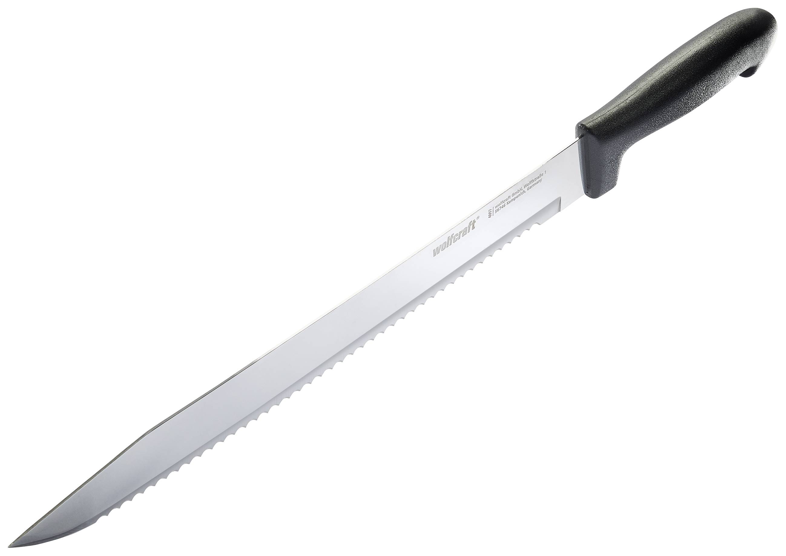 Lang, savtakket kniv med sort håndtag, velegnet til at skære store kødstykker eller brød.