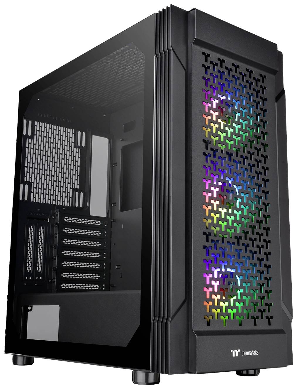 Sort PC-kabinet med transparent sidepanel og farverig LED-belysning på forsiden. Velegnet til gaming eller high-performance-pc'er.