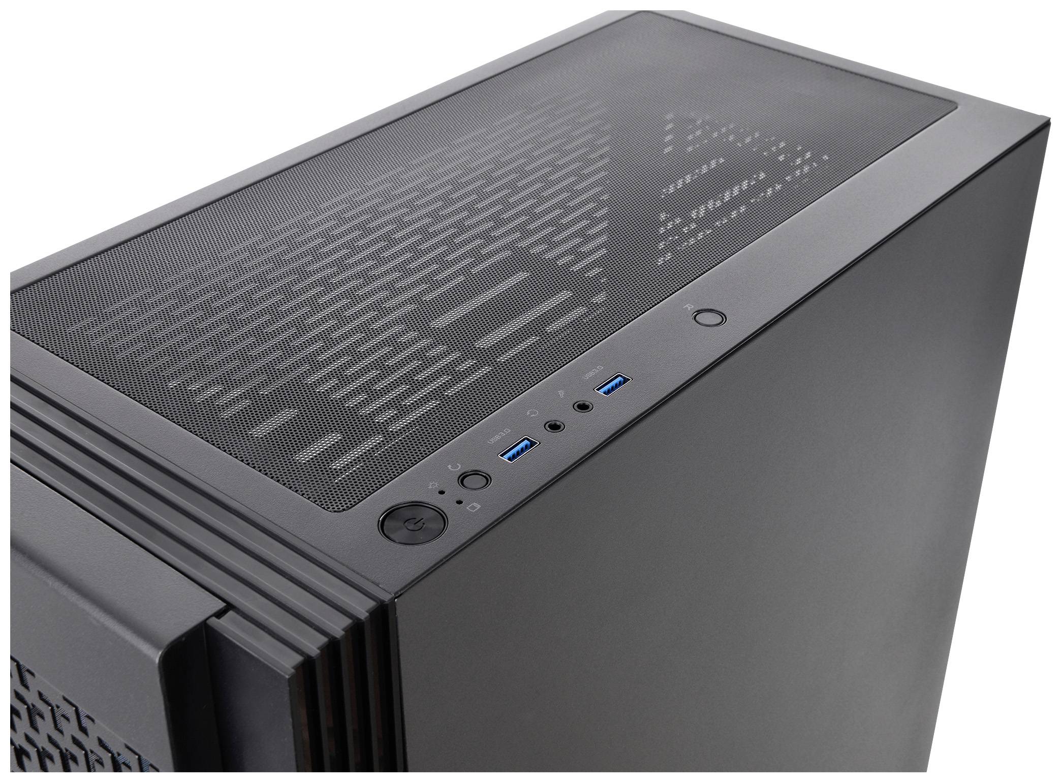 Et sort computerkabinet med god ventilation i toppen, flere USB-porte og en tænd/sluk-knap på forsiden.
