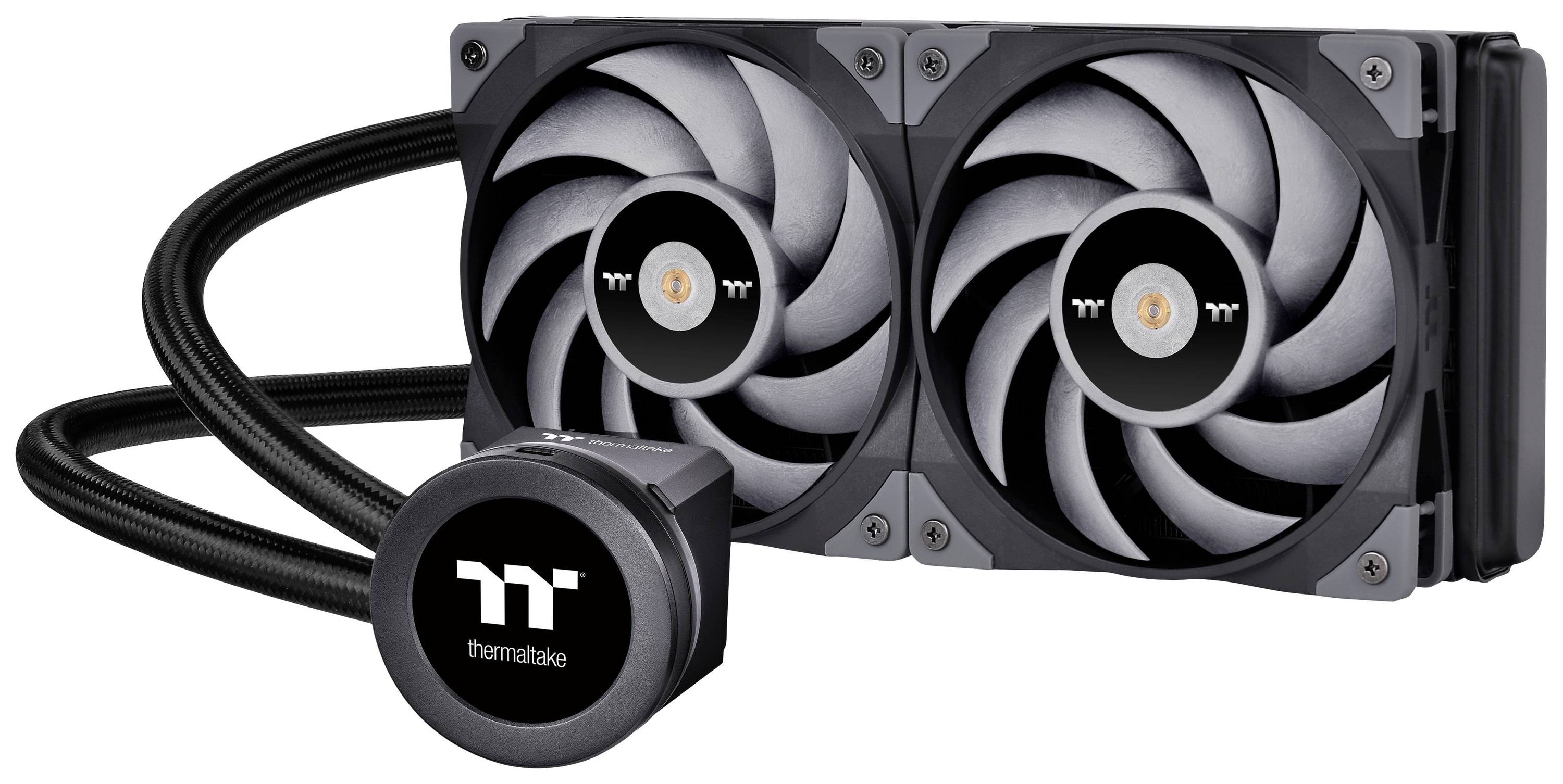 En computer-vandkøler fra Thermaltake med to ventilatorer og et kølehovede, velegnet til kraftig køling i computere.