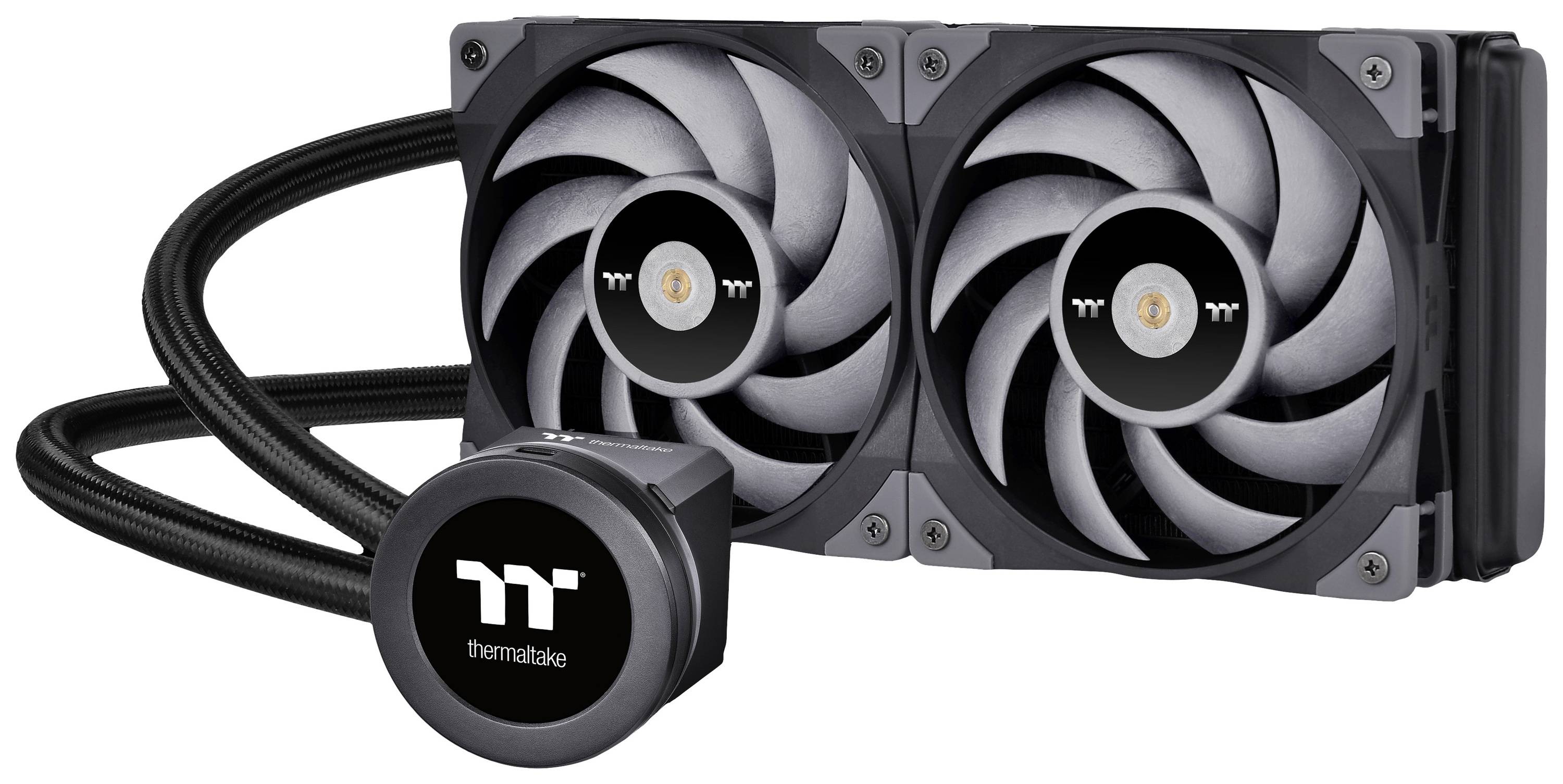 Sort Thermaltake CPU-køler med to ventilatorer og slanger, egnet til vandkølingssystemer i computere.