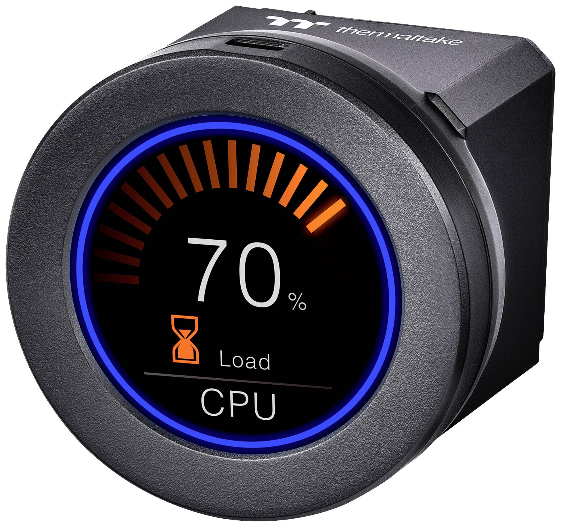 Et rundt CPU-overvågningsapparat viser '70 %' belastning, omgivet af en blå cirkel. Orange bjælke viser stigende belastning.
