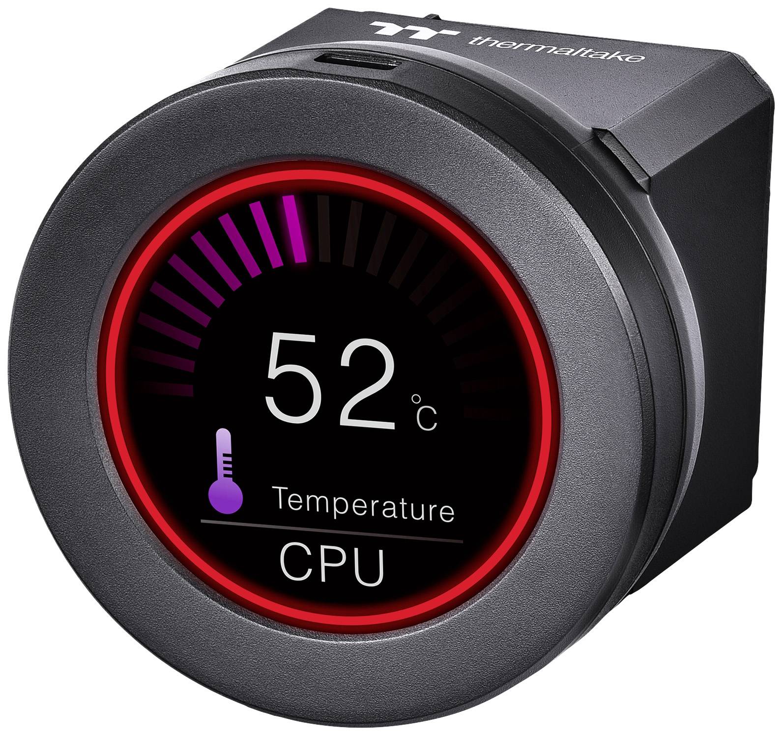 Rundes digitalt termometer viser CPU-temperatur på 52 grader Celsius. Temperaturvisning indrammet af en rød ring.