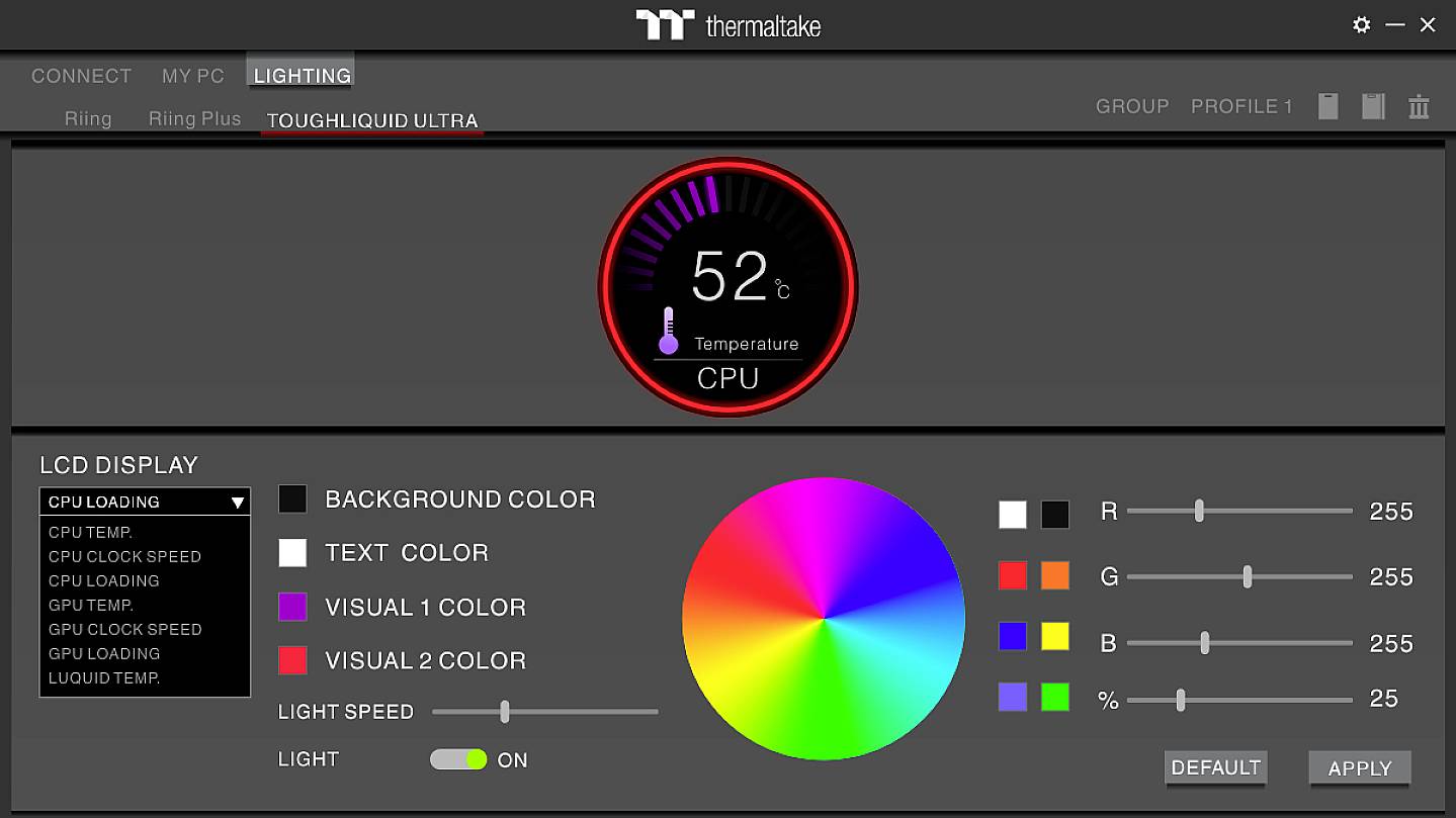 Brugerflade til et computerprogram til styring af RGB-belysning. Viser CPU-temperatur, farve- og lysstyrkeindstillinger.