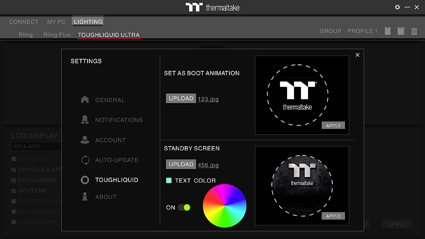 Softwaregrænseflade til styring af Thermaltake TOUGHLIQUID Ultra. Muligheder: Indstil opstartsanimation, standby-skærm, tilpas tekstfarve.