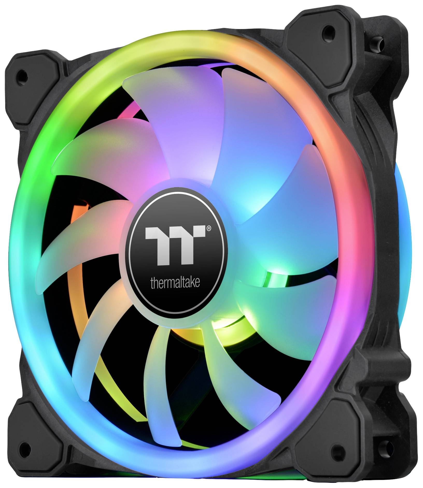 RGB-computerkøler med lysende LED'er i regnbuens farver, cirkulært arrangeret omkring en central ventilator.
