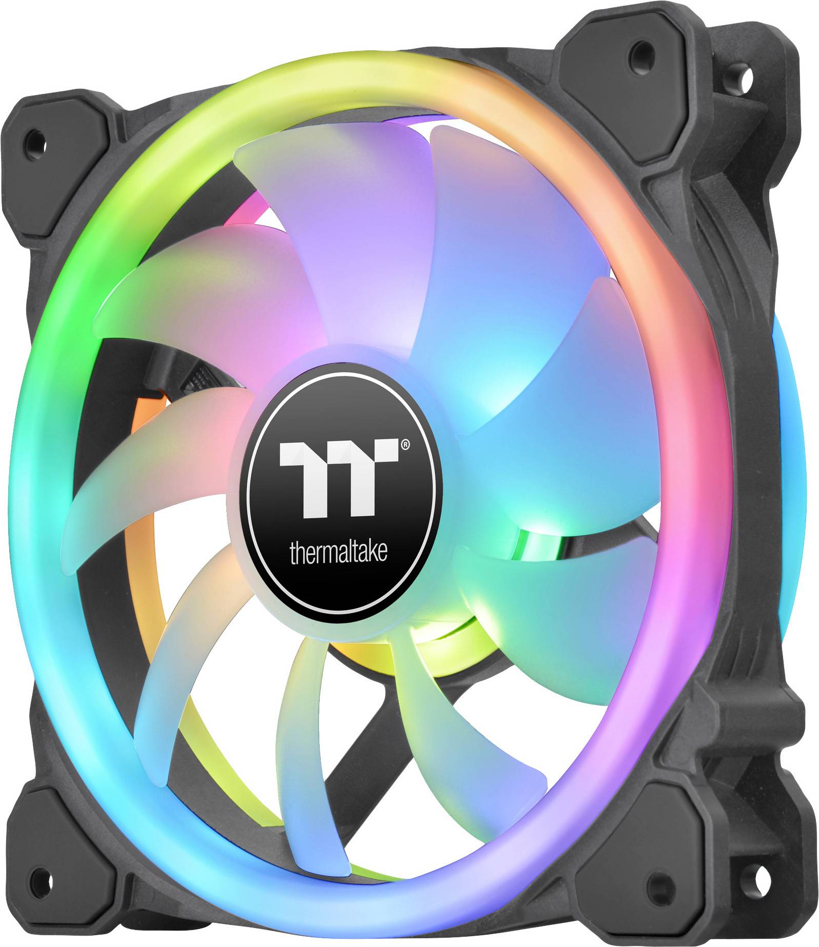 En computerkøler med RGB-belysning i forskellige farver. Logoet i midten viser 'Thermaltake'.