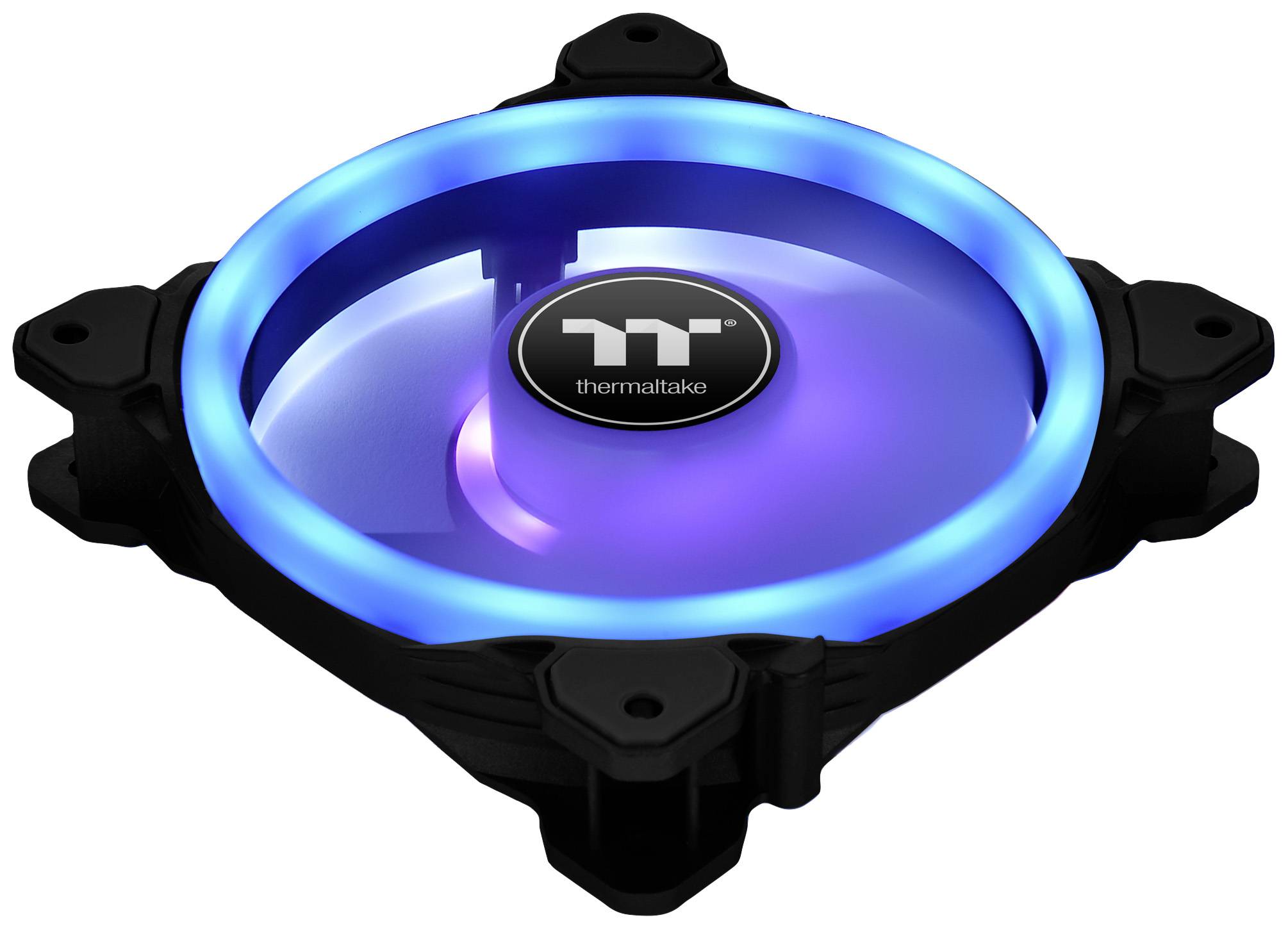 Ventilator med blå LED-lysrand, monteret i et sort kabinet med et iøjnefaldende centralt logo.