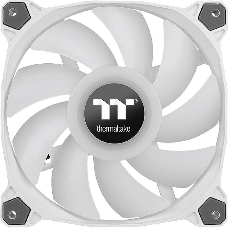 En hvid blæser fra Thermaltake med et centralt logo. Blæseren har ni blade og er egnet til computerkabinettet.