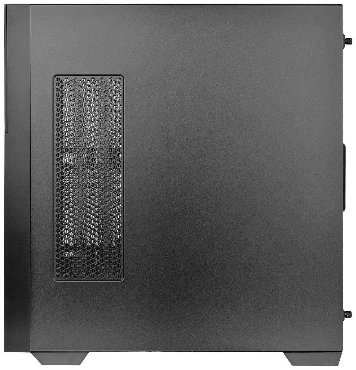 Ensidig visning af et sort computerkabinettet med synlig ventilationsåbning i siden.