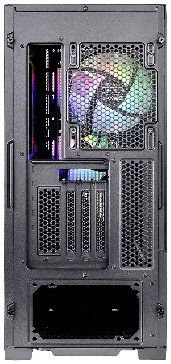 Et computerkabinet set bagfra, som viser blæsere med RGB-belysning og flere udvidelsespladser til pc-komponenter.