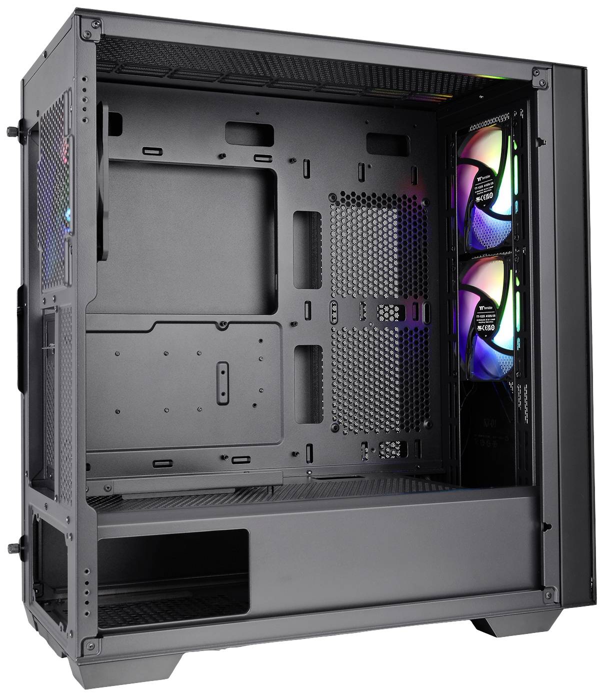 Sort PC-kabinet med gennemsigtige sider, uden komponenter, viser blæser med RGB-belysning på højre side.