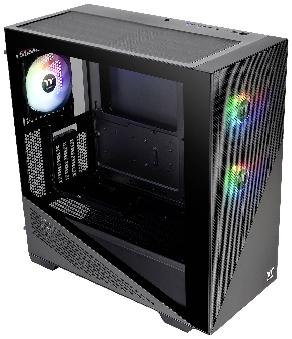 Sort computerkabinet med sidevindue og tre ventilatorer med RGB-belysning.