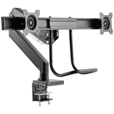 Sort, drejeligt dobbelt skærmbeslag med USB-porte til bordmontering. Ideel til ergonomisk arbejdspladstilrettelæggelse.