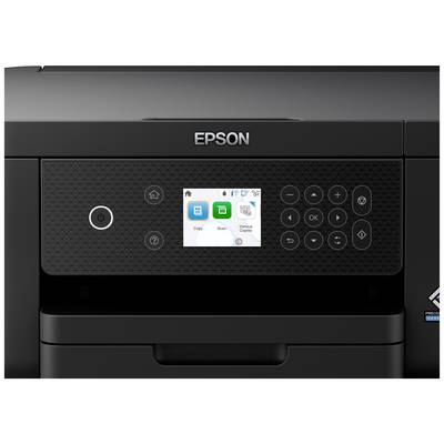 Sort printer med betjeningspanel. Displayet viser valgmulighederne: 'Kopiér', 'Scan' og 'Wi-Fi-opsætning'. Betjeningselementerne består af taster til navigation og indstillinger.