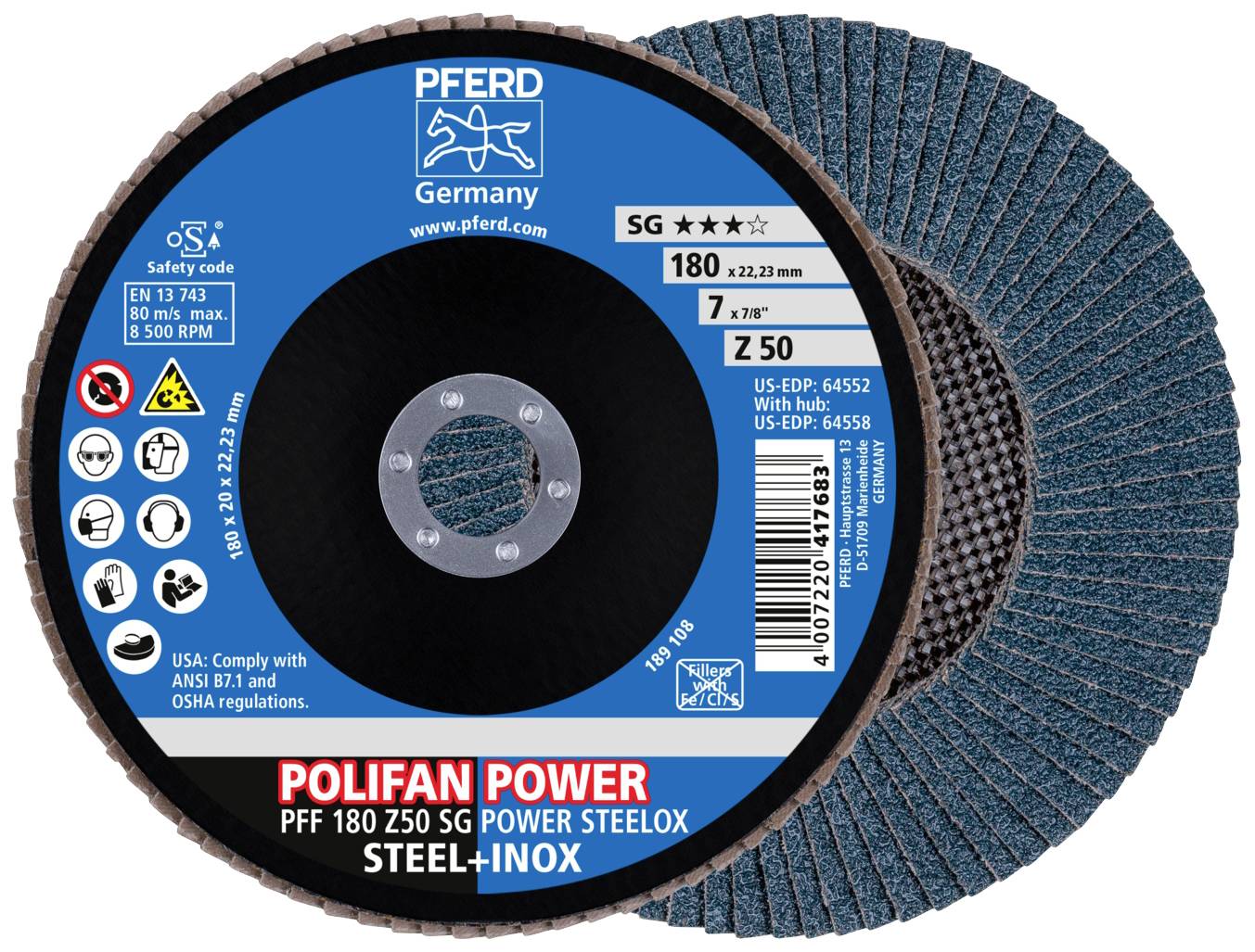 'To PFERD skrubskiver til stål og rustfrit stål, model POLIFAN POWER, 180 mm diameter, kornstørrelse Z 50, maks. 8.500 o/min.'