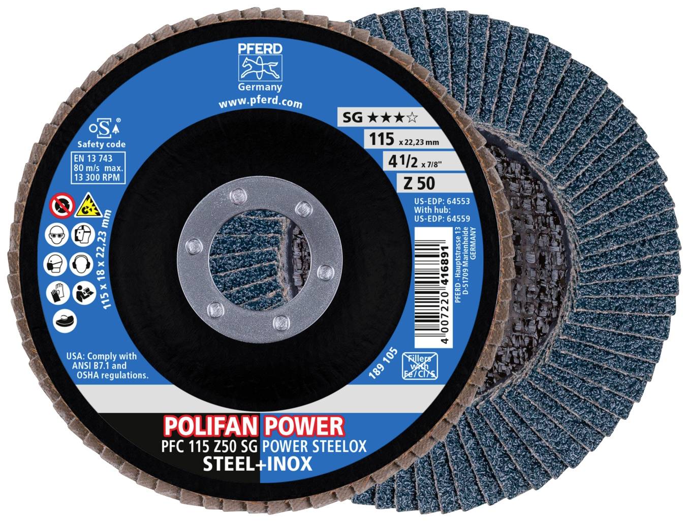 En slibeskive fra mærket PFERD 'POLIFAN POWER', model PFC 115 Z50 SG, egnet til rustfrit stål og stål, diameter 115 mm.
