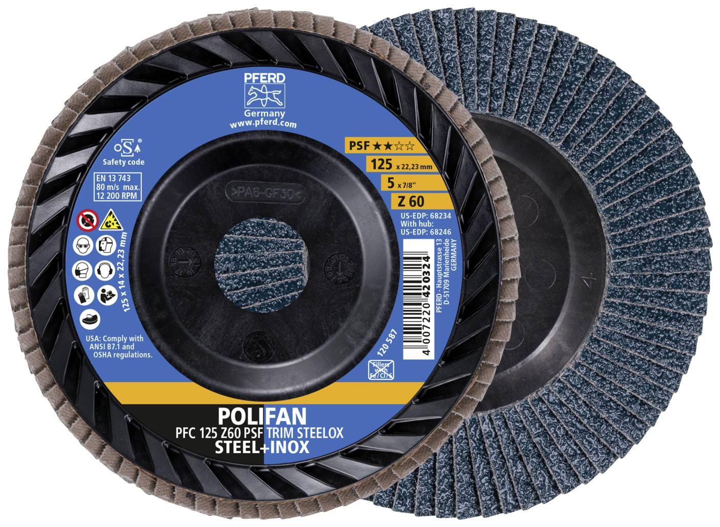 To polerskiver fra 'PFERD' lavet af stål og rustfrit stål. Detaljer på etiketten: Diameter 125 mm, boring 22,23 mm, kornstørrelse Z 60.