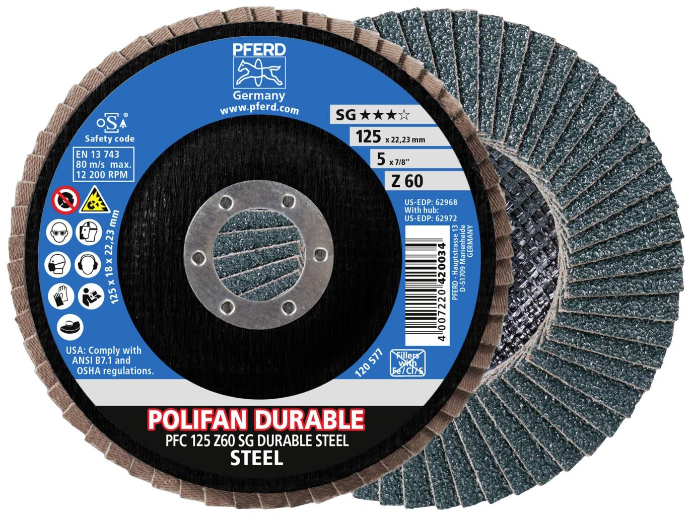 Slibeskive med etiket: 'PFERD Polifan Durable', diameter 125 mm, Z60 til stål, blå-sort, sikkerheds- og normoplysninger.