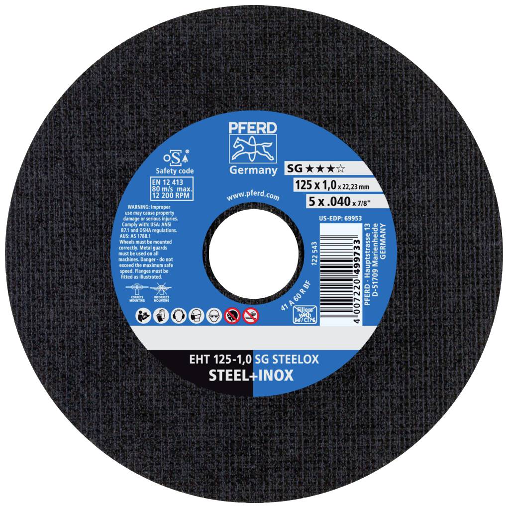 PFERD slibeskive, model SG, mål 125 x 1,0 x 22,23 mm, egnet til stål og rustfrit stål, blå etikettering med sikkerhedskode.