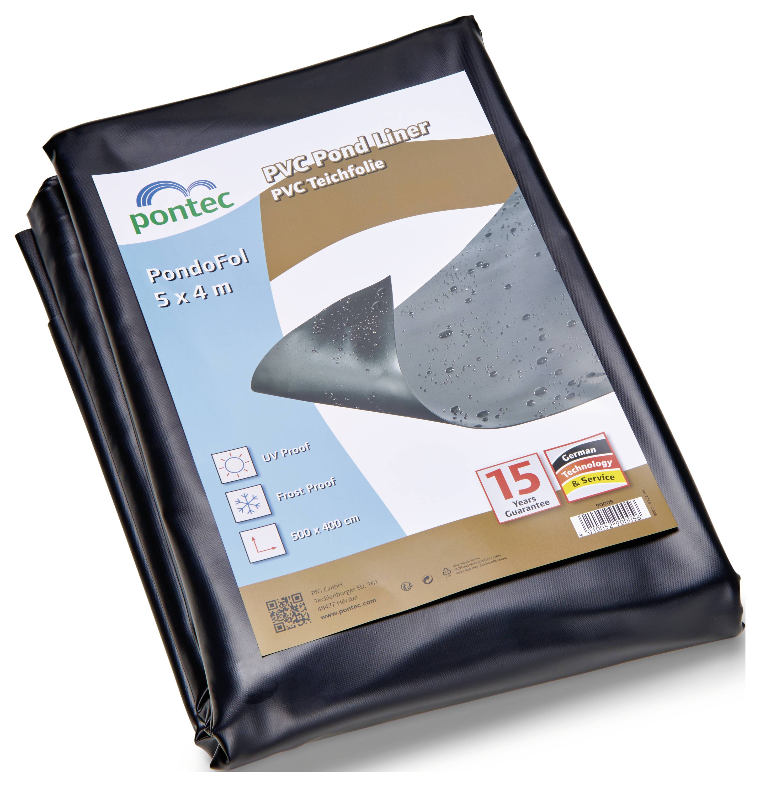 PVC dambassin liner pakket 'Pontec' til 5x4m damme, med UV- og frostbeskyttelse, og inkluderer en 15-årig garanti fra en tysk leverandør.