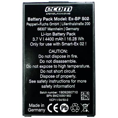 Batteripakkemodel 'Ex-BP S02' fra Pepperl+Fuchs. 3,7 V, 1400 mAh. Må ikke adskilles, brændes eller kortsluttes. Må kun bruges til Smart-Ex 02.