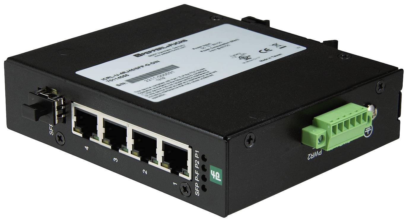En kompakt industriel netværksswitch med fem porte og grøn tilslutningsklemme til dataoverførsel i et robust hus.