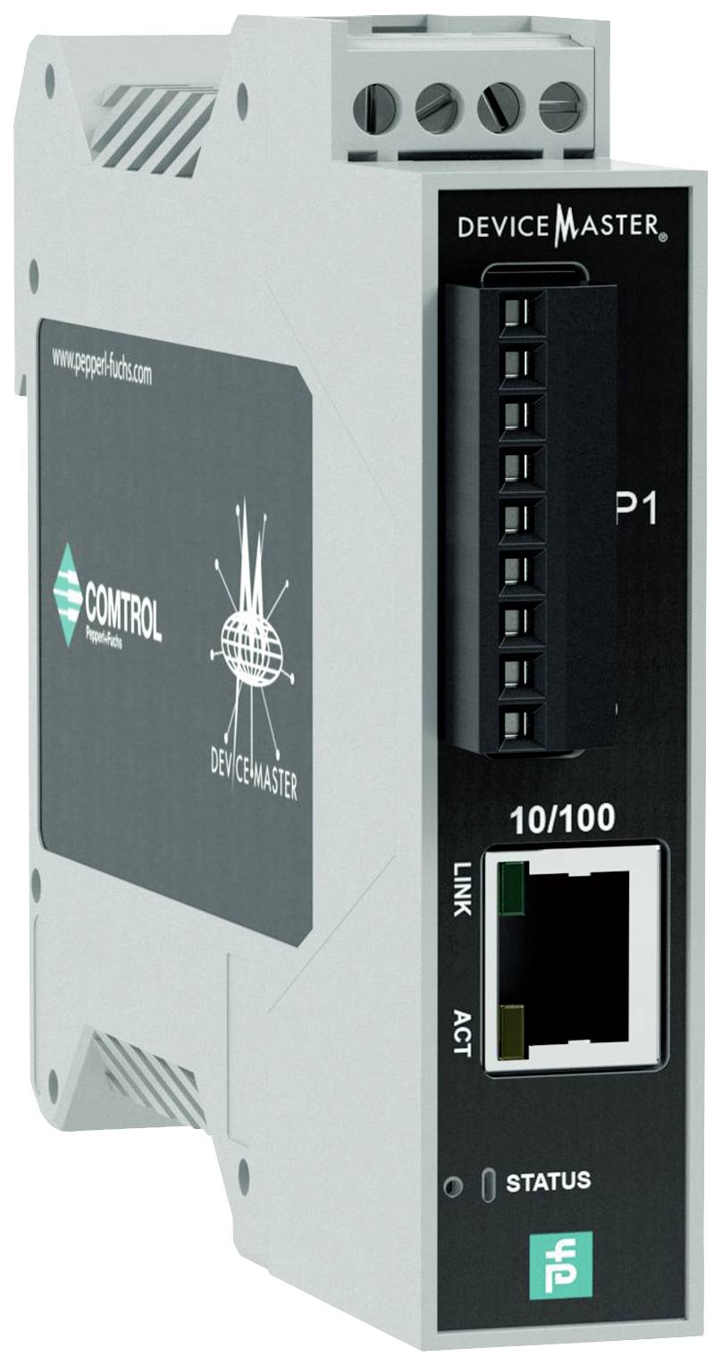 En grå, rektangulær enhed med en Ethernet-port, LED'er og påskriften 'DeviceMaster' og '10/100'.