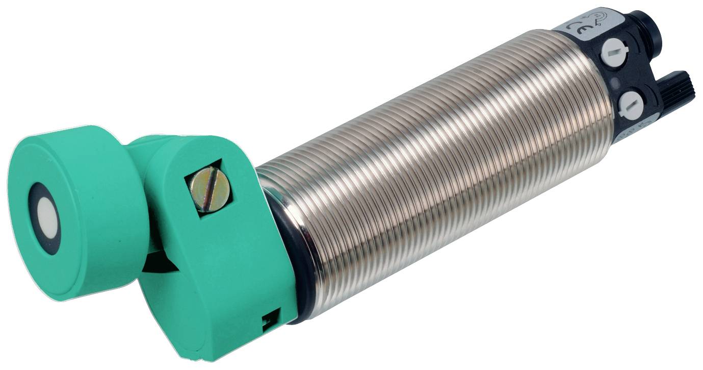 En induktiv sensor med cylindrisk hus og to grønne endekapper, bruges til at detektere metaliske objekter.
